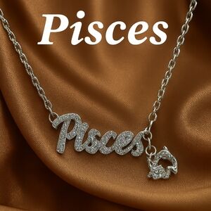 Pisces Zodiac Necklace – Silver Script Pendant w/ Sparkling Stones & Charm
